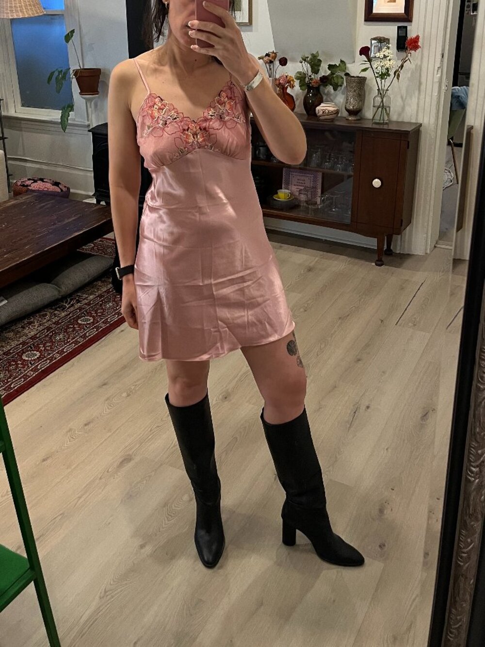 Pink Slip dress with Floral Embroidery